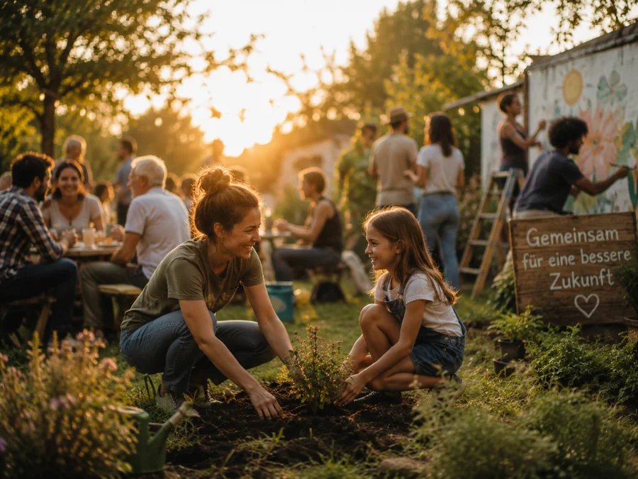Eine Mutter und ihre Tochter pflanzen gemeinsam mit anderen bei einem Nachbarschaftsprojekt im Garten